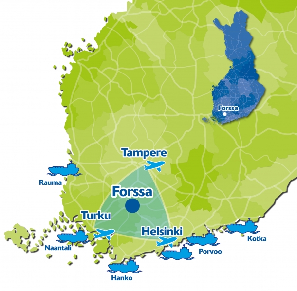 Kartta Etelä-Suomesta Forssan sijoittuminen suhteessa satamiin ja lentokenttiin sekä suurimpiin kaupunkeihin Helsinki, Tampere, Turku.